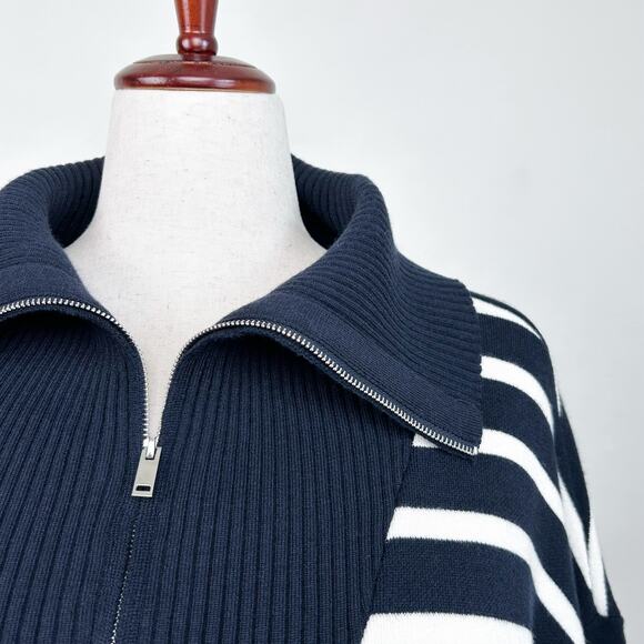 Elie Tahari Navy Stripe Zip Mock Neck Pullover Sweater - Picture 6 of 8